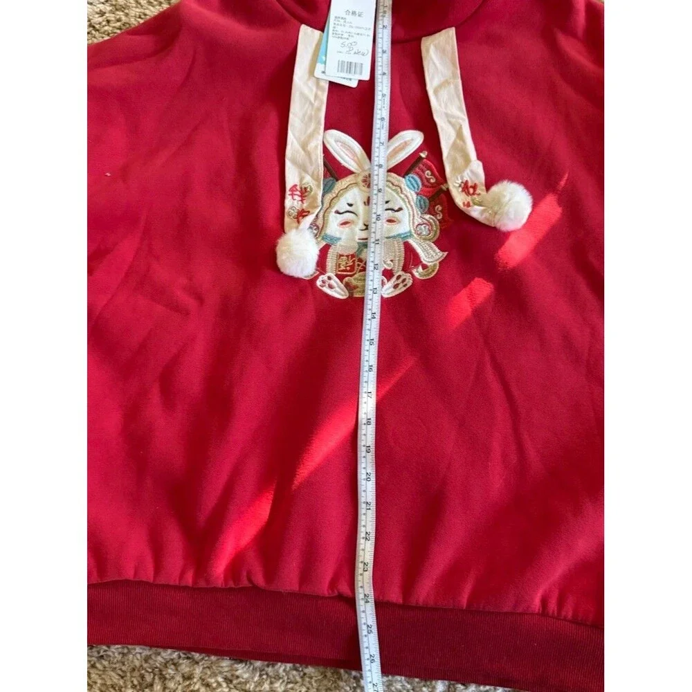 Chinese New Year Rabbit Hoodie XL Red Embroidered Pom Pom Lunar New Year NWT